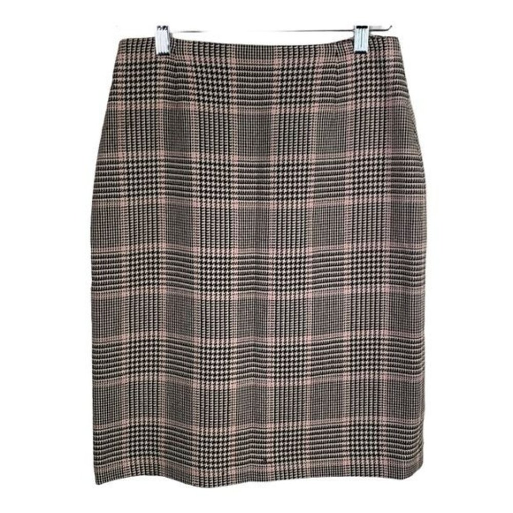 Ann Taylor Skirt Women Sz 4 Straight Pencil Brown Pink Plaid Houndstooth Wool